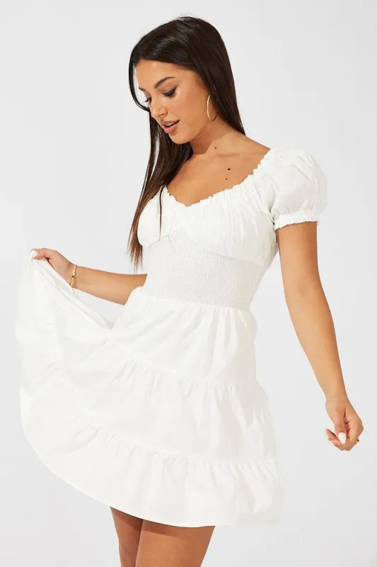 White Fit and Flare Dress Short Sleeve Shirred Waist sold by Ally Fashion