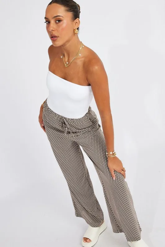 Brown Geo Wide Leg Pants Drawstring Waist sold by Ally Fashion