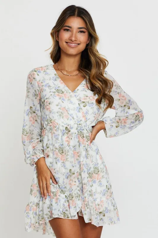 Print Wrap Dress Long Sleeve Ruffle Hem sold by Ally Fashion