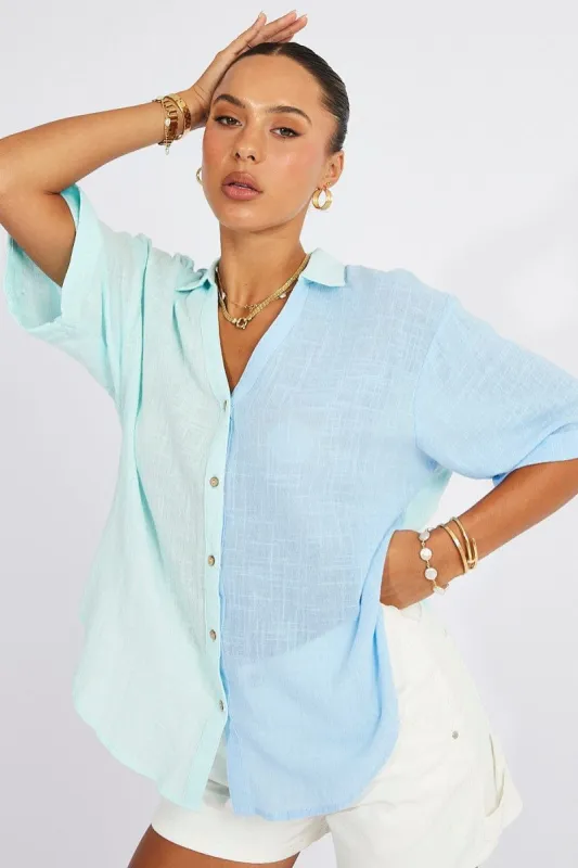 Blue Cotton Half Sleeve Relaxed Colour Block Shirt sold by Ally Fashion