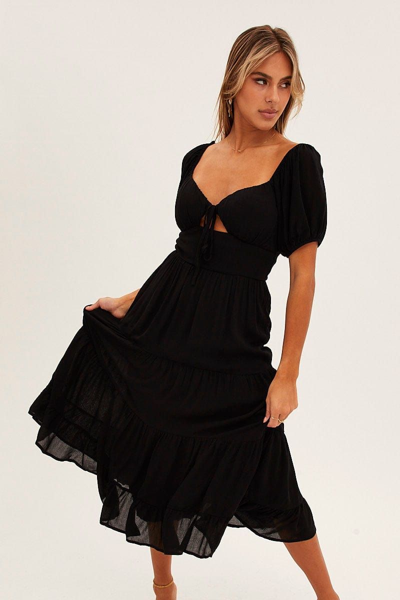 Black Maxi Dress Short Sleeve Tie Front Tiered sold by Ally Fashion