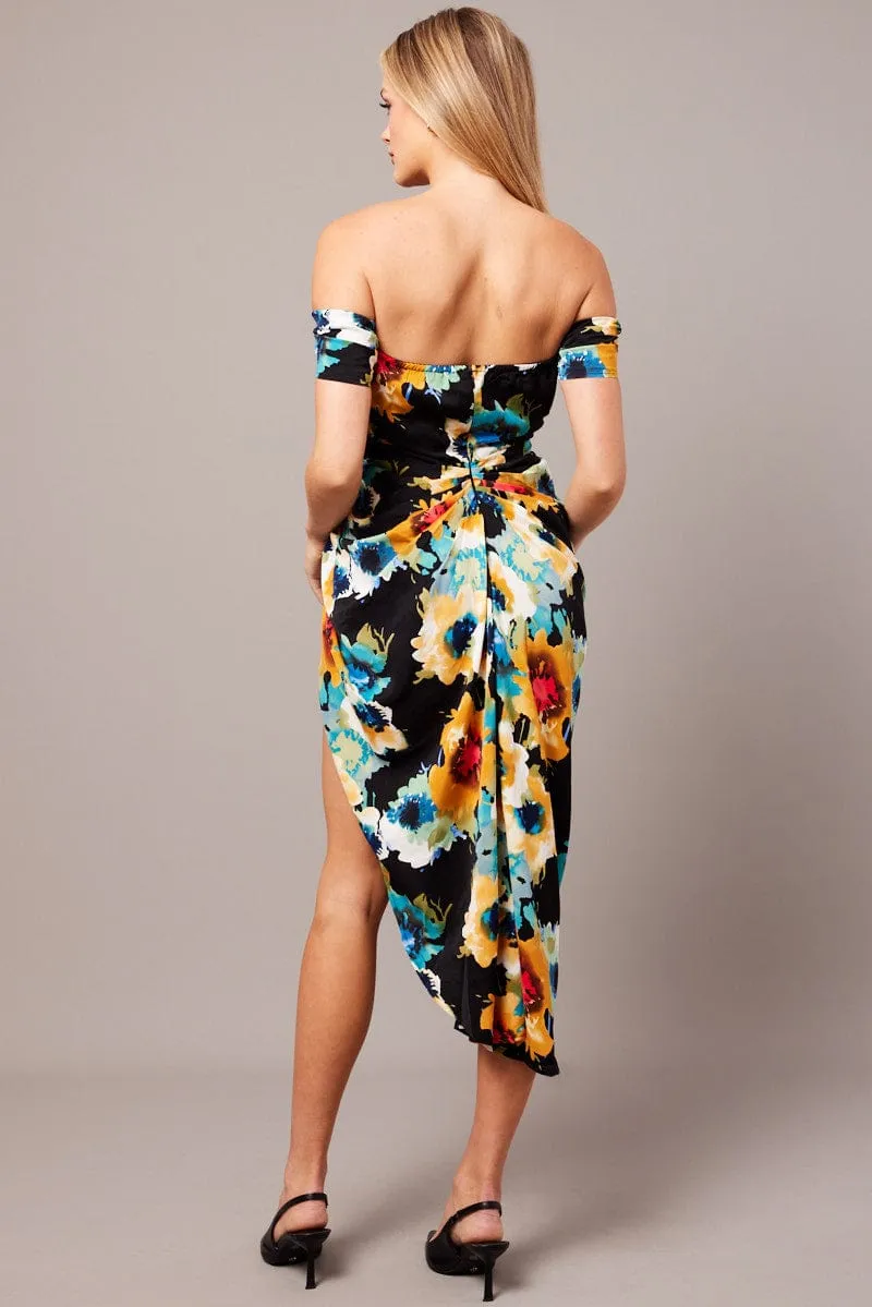 Black Floral Bardot Midi Dress Draped Off Shoulder Dress sold by Ally Fashion product image thumbnail 5