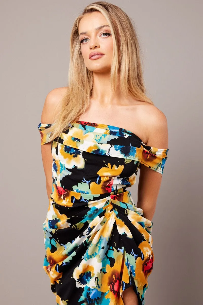 Black Floral Bardot Midi Dress Draped Off Shoulder Dress sold by Ally Fashion product image thumbnail 2