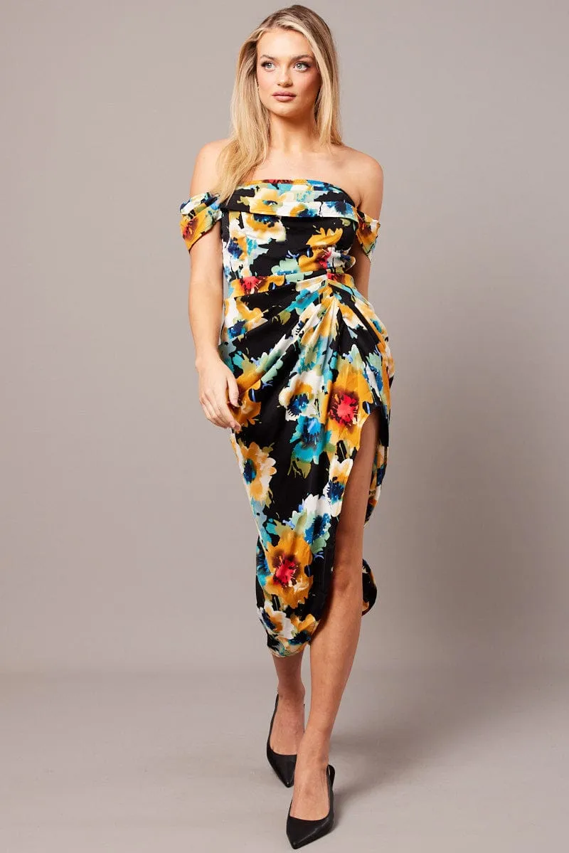 Black Floral Bardot Midi Dress Draped Off Shoulder Dress sold by Ally Fashion