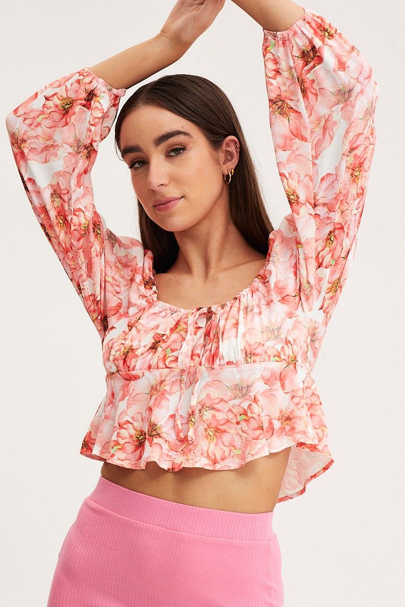 Print Tie Front Top Long Sleeve Crop sold by Ally Fashion