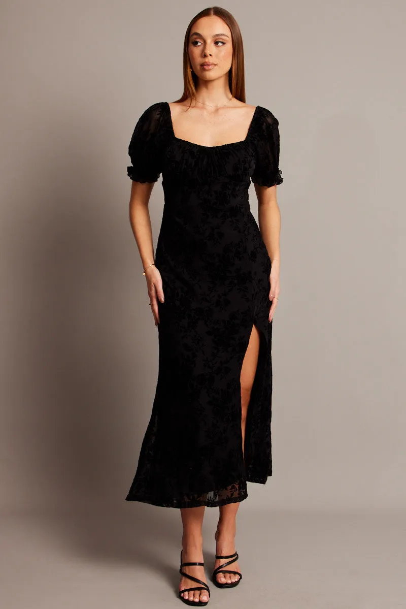 Black Midi Dress Puff Sleeve Burn Out sold by Ally Fashion