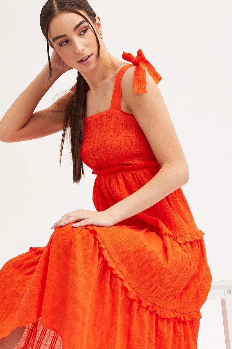 Orange Midi Dress Sleeveless Shirred Texture Cotton sold by Ally Fashion product image thumbnail 2