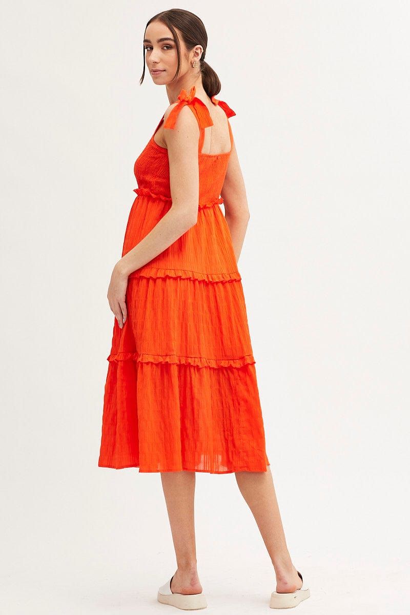 Orange Midi Dress Sleeveless Shirred Texture Cotton sold by Ally Fashion product image thumbnail 5