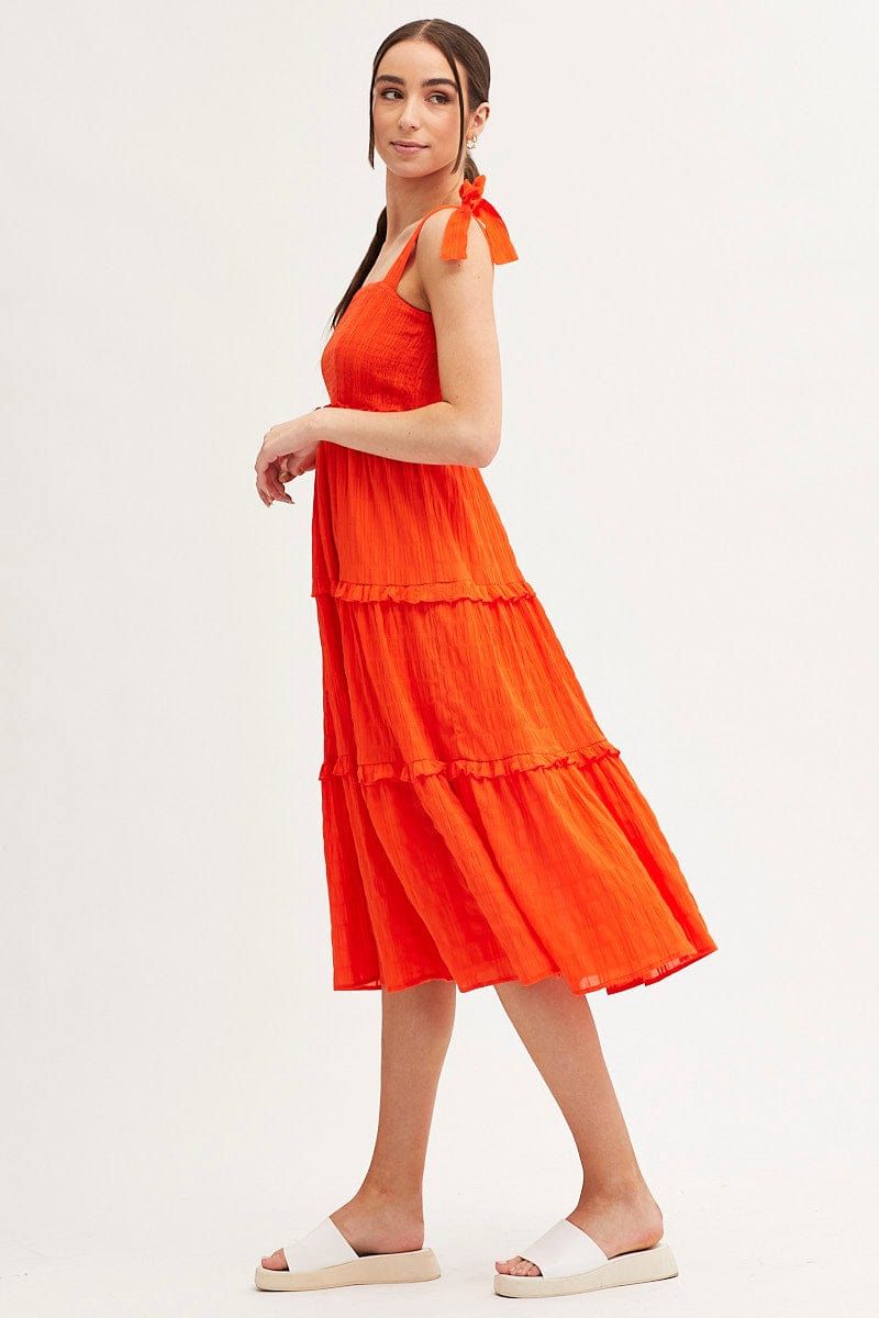 Orange Midi Dress Sleeveless Shirred Texture Cotton sold by Ally Fashion product image thumbnail 4