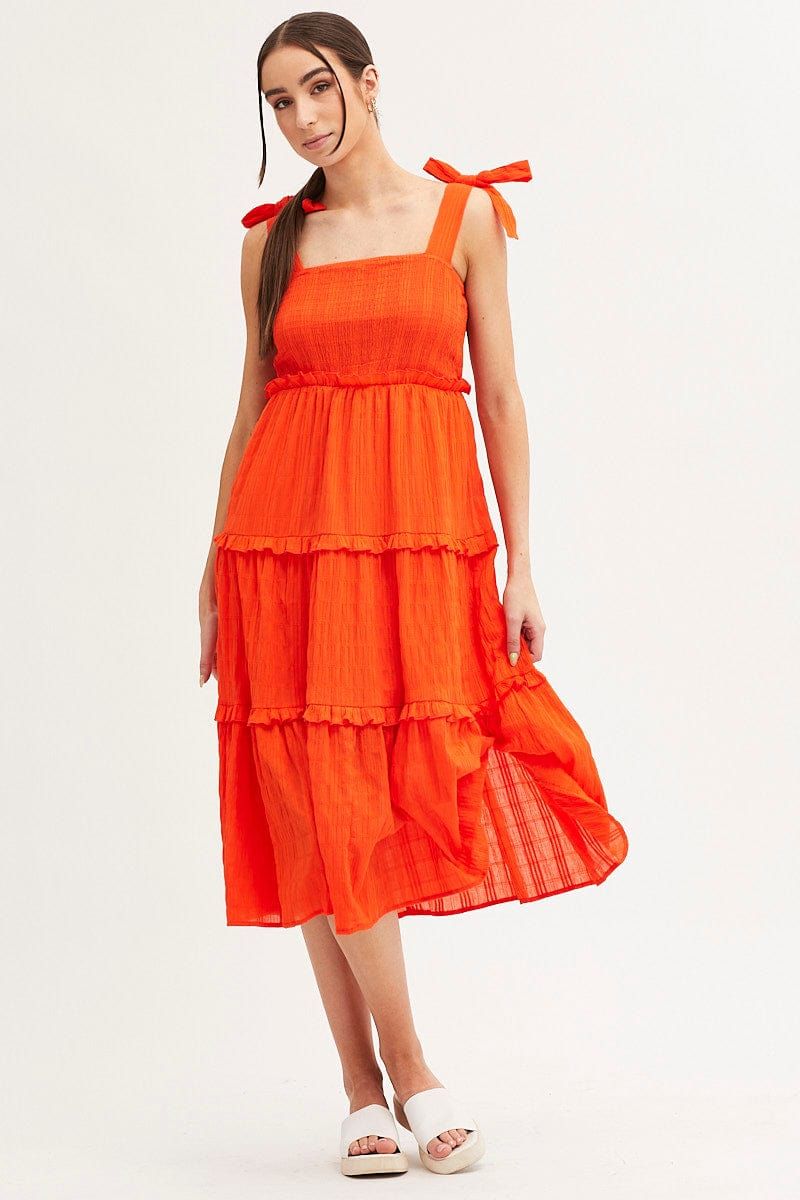 Orange Midi Dress Sleeveless Shirred Texture Cotton sold by Ally Fashion product image thumbnail 3