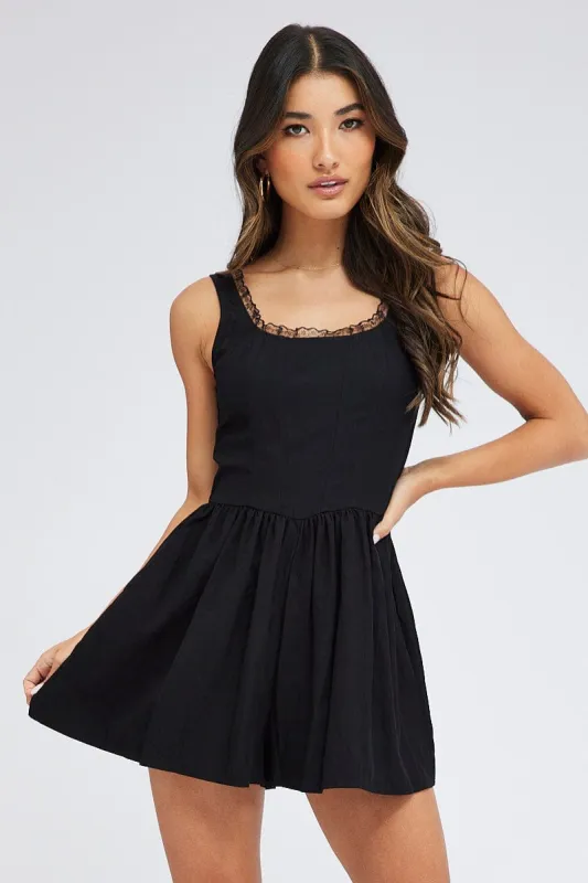 Black Playsuit Sleeveless Scoop Neck Corset Detail Lace sold by Ally Fashion