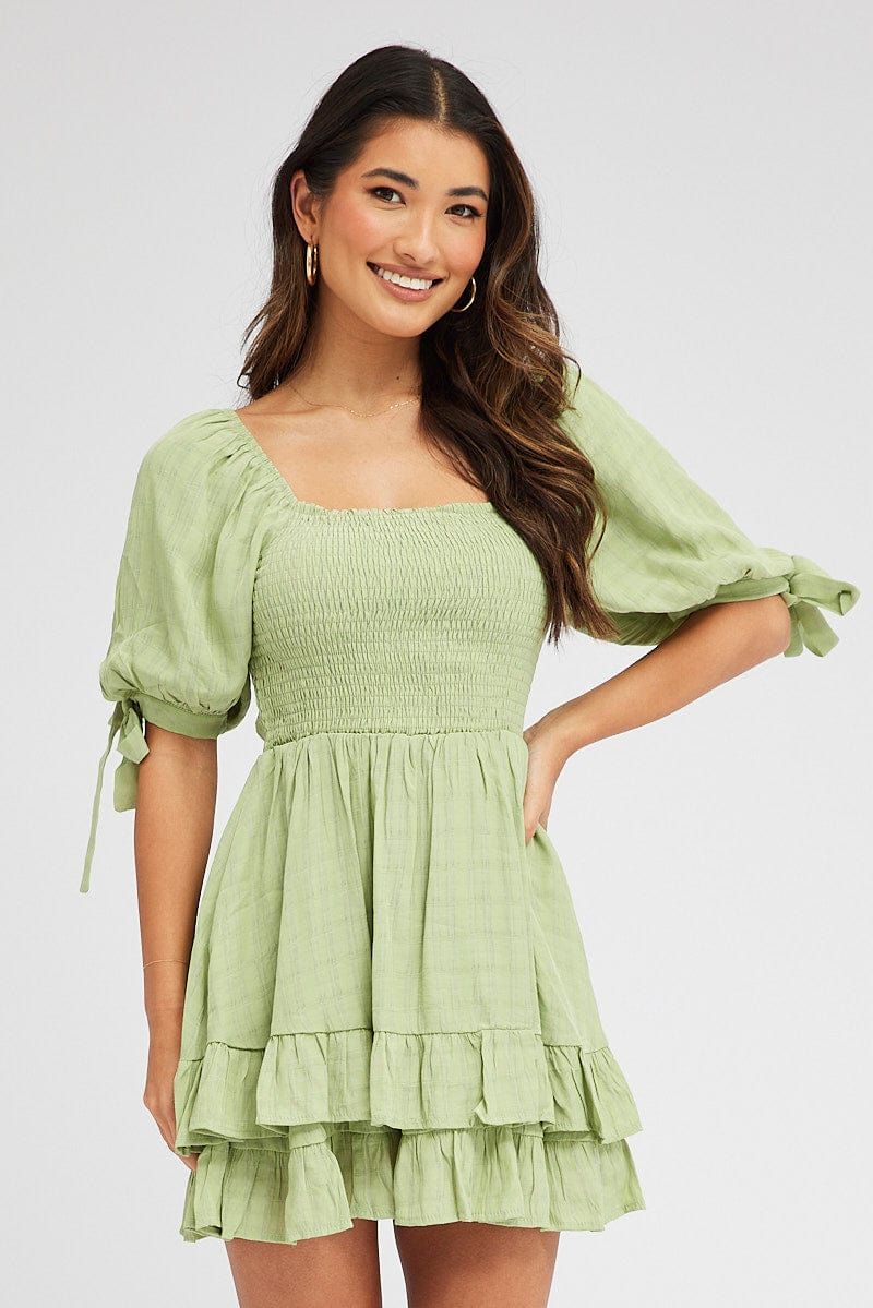 Green Fit And Flare Dress Puff Sleeve Mini sold by Ally Fashion