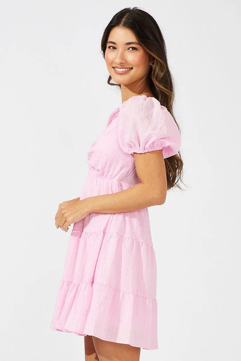 Pink Fit And Flare Dress Puff Sleeve Mini sold by Ally Fashion product image thumbnail 4