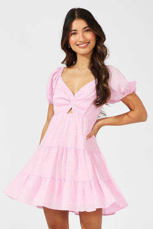 Pink Fit And Flare Dress Puff Sleeve Mini sold by Ally Fashion