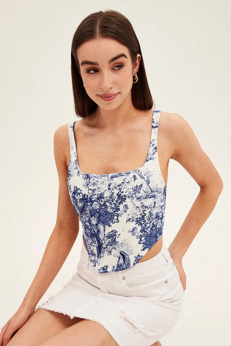Blue Print Corset Top Sleeveless Square Neck Crop sold by Ally Fashion
