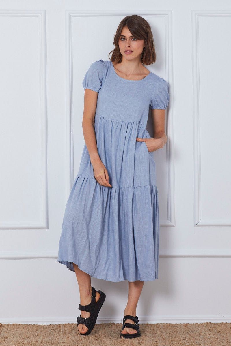 Blue A Line Dress Short Sleeve Linen sold by Ally Fashion