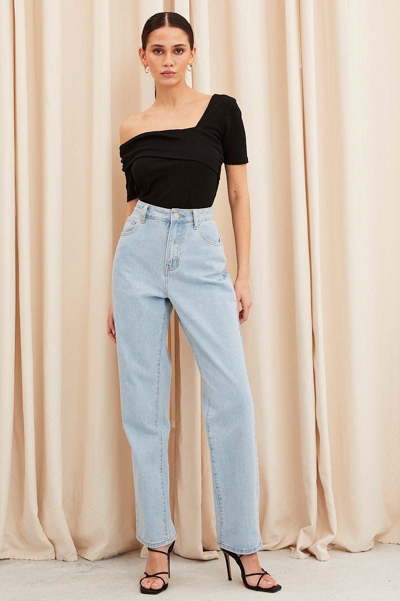 Black Top Short Sleeve Asymmetric Neckline Cotton Jersey sold by Ally Fashion product image thumbnail 2