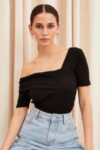 Black Top Short Sleeve Asymmetric Neckline Cotton Jersey sold by Ally Fashion