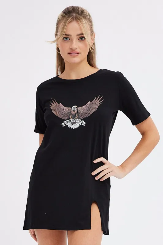 Black Tee Dress Short Sleeve Graphic Print sold by Ally Fashion
