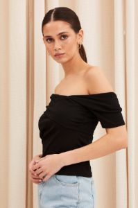 Black Top Short Sleeve Asymmetric Neckline Cotton Jersey sold by Ally Fashion