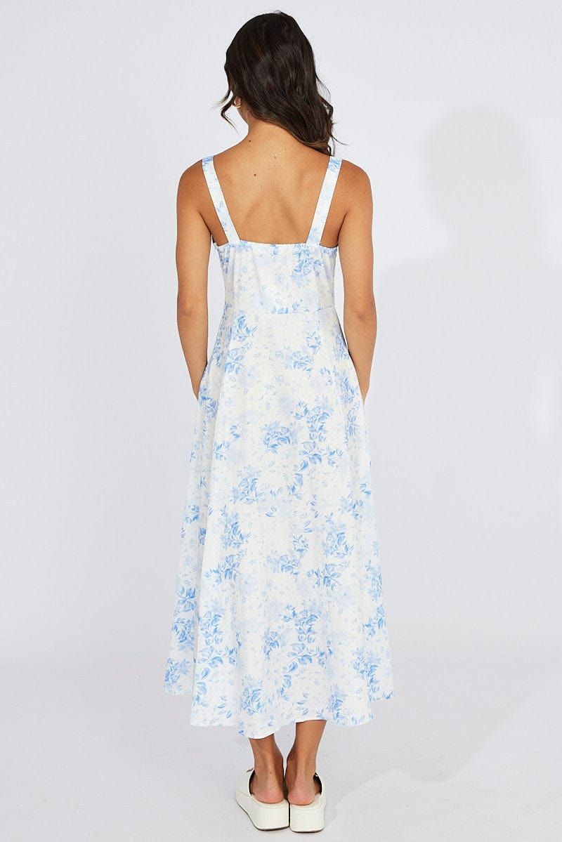 Blue Floral Midi Dress Gathering Bust Sleeveless sold by Ally Fashion product image thumbnail 5