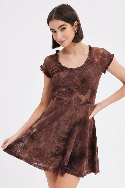 Brown Paisley Mini Dress Short Sleeve Scoop Neck Fit & Flare sold by Ally Fashion