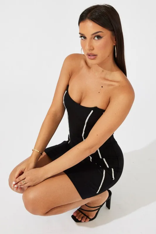 Black Mini Dress Strapless Bandeau Bodycon Diamonte sold by Ally Fashion
