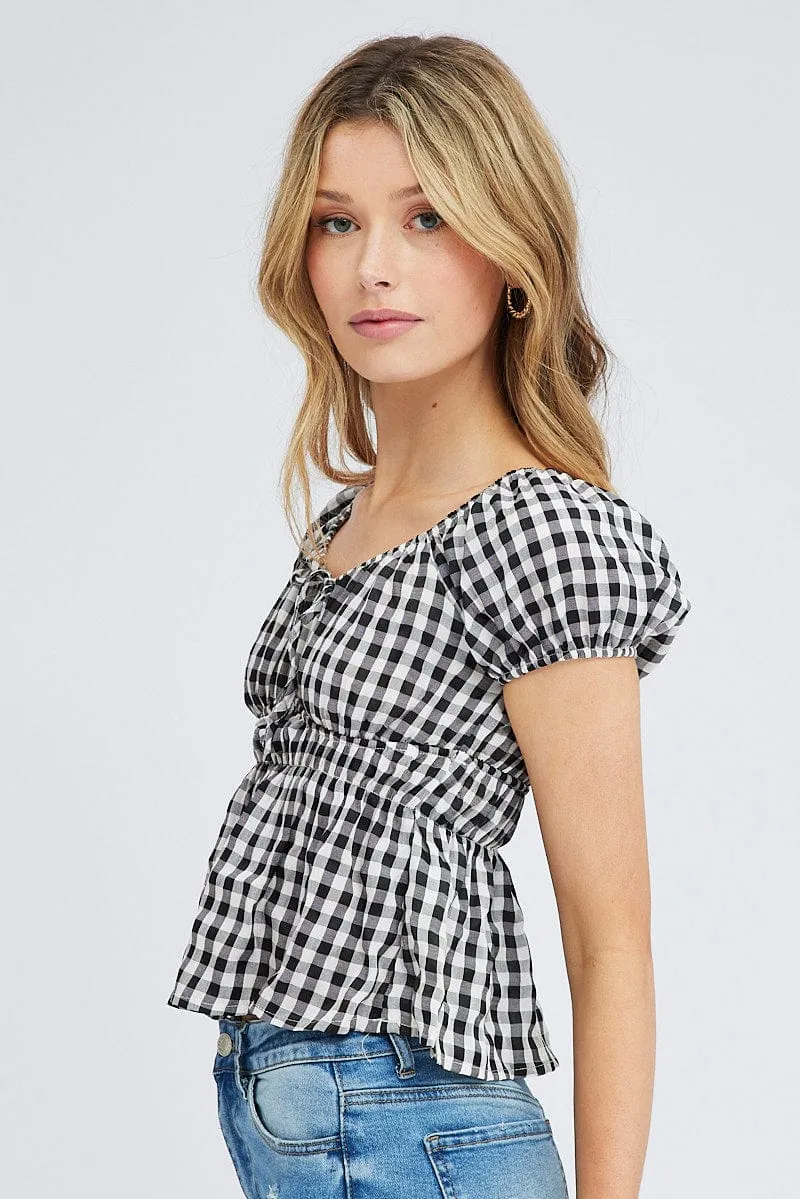 Check Peplum Top Short Sleeve Gathered Bust sold by Ally Fashion product image thumbnail 4