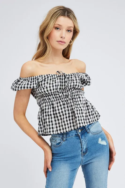 Check Peplum Top Short Sleeve Gathered Bust sold by Ally Fashion
