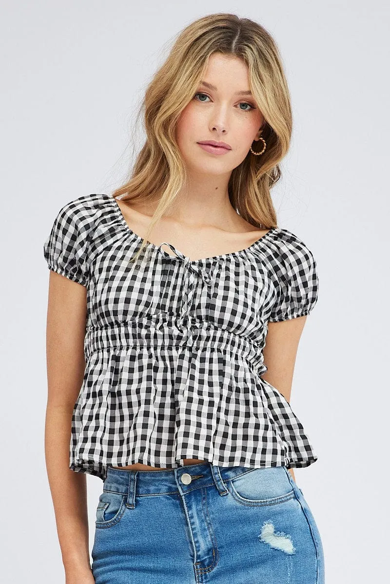 Check Peplum Top Short Sleeve Gathered Bust sold by Ally Fashion product image thumbnail 3