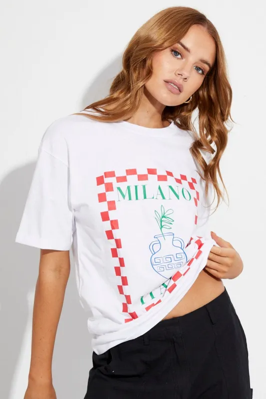 White Tee Round Neck Short Sleeve Milano Print sold by Ally Fashion