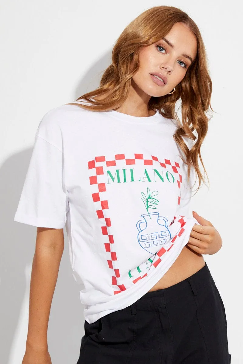 White Tee Round Neck Short Sleeve Milano Print sold by Ally Fashion