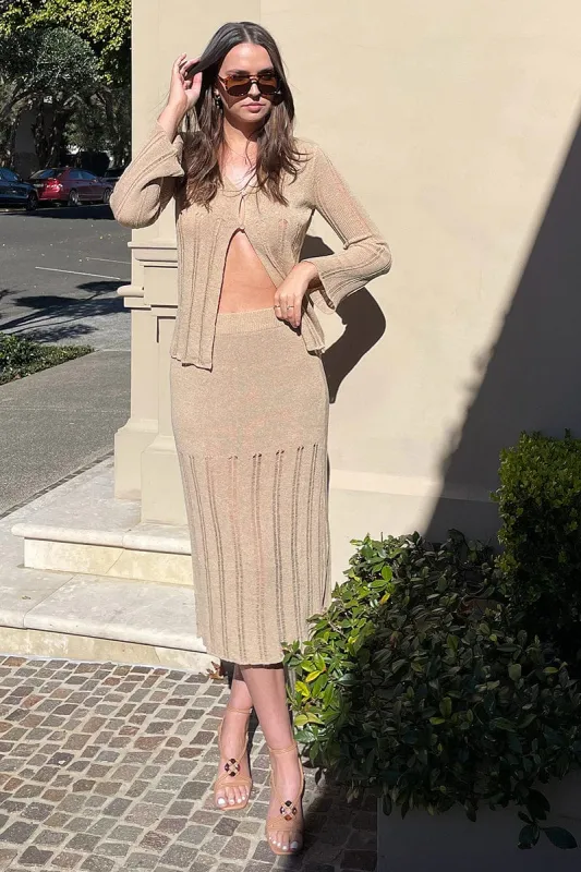 Beige Cardigan Long Sleeve V Neck Button Ladder Knitted sold by Ally Fashion