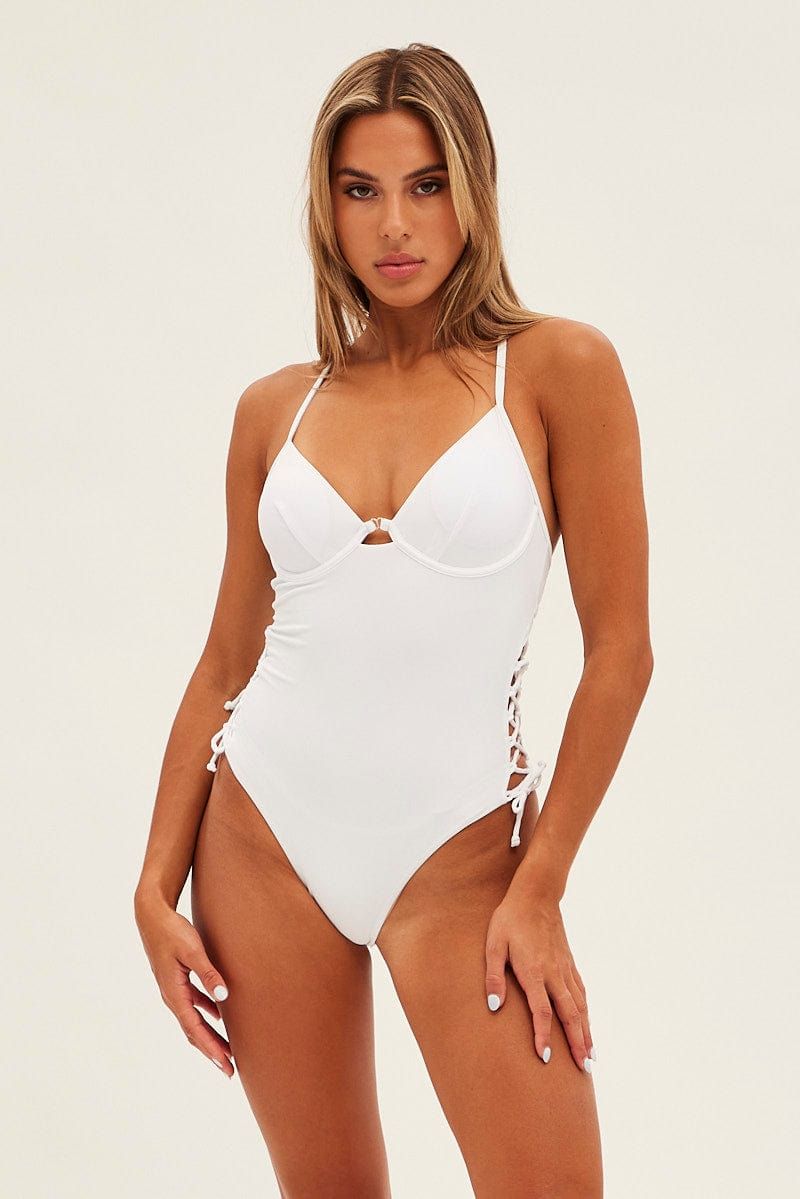 White Lace Up Detail One Piece Bikini sold by Ally Fashion