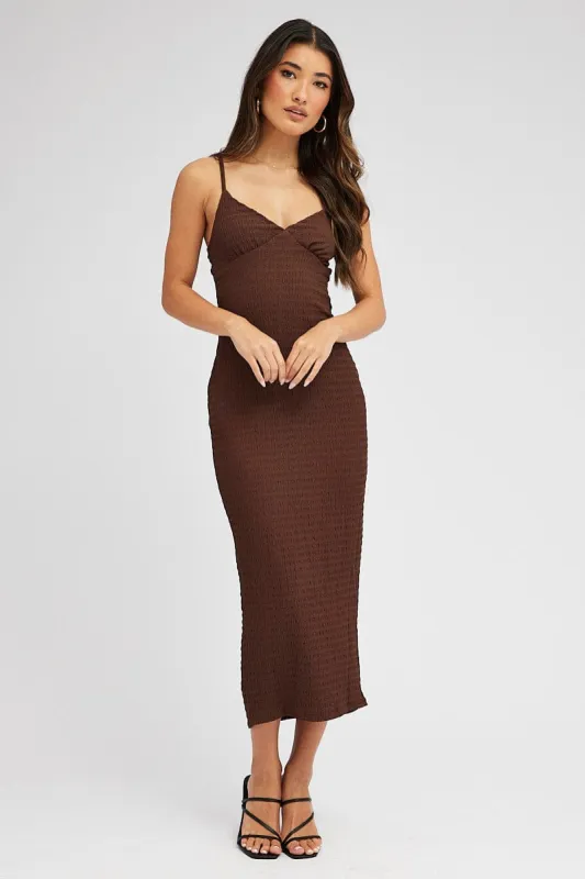 Brown Midi Dress Sleeveless Textured Fabric sold by Ally Fashion