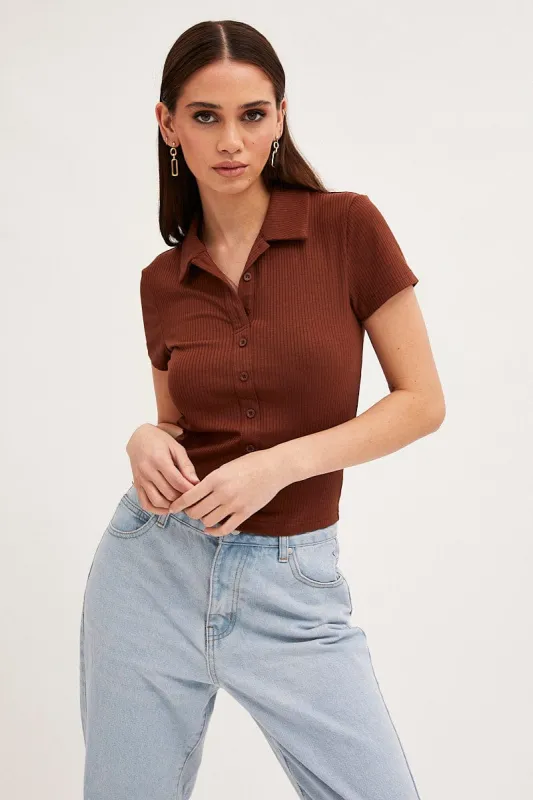 Brown Collared Top Short Sleeve Button Up Rib Jersey sold by Ally Fashion