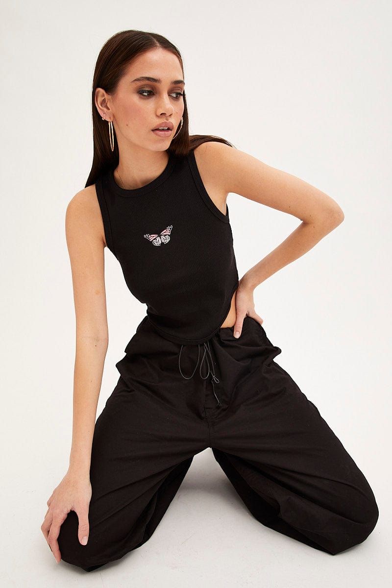 Black Crop Tank Sleeveless Curved Hem Rib Butterfly sold by Ally Fashion