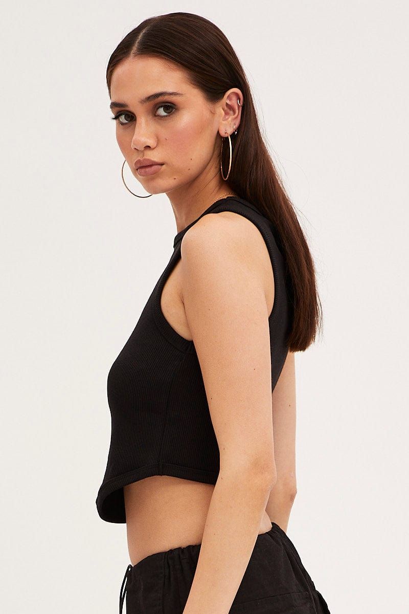 Black Crop Tank Sleeveless Curved Hem Rib Butterfly sold by Ally Fashion product image thumbnail 4