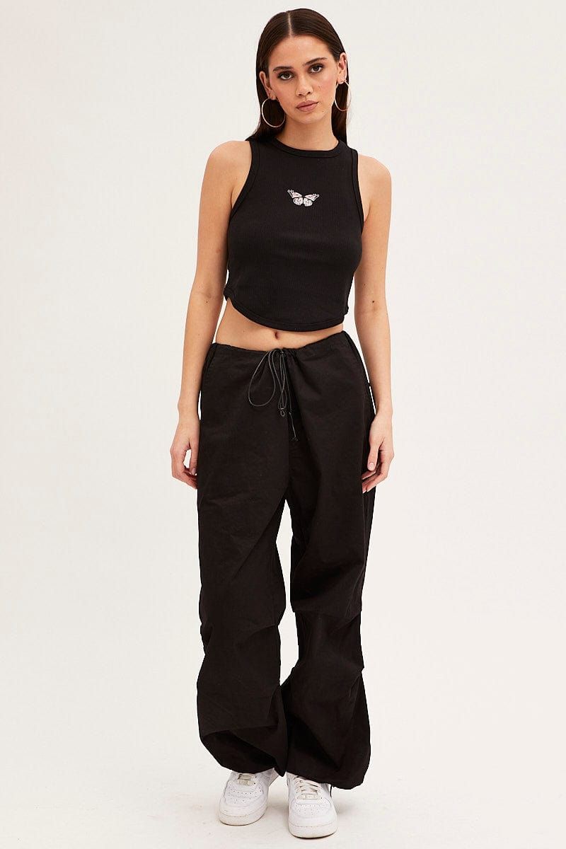 Black Crop Tank Sleeveless Curved Hem Rib Butterfly sold by Ally Fashion product image thumbnail 2