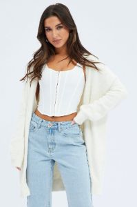 White Fluffy Longline Cardigan sold by Ally Fashion