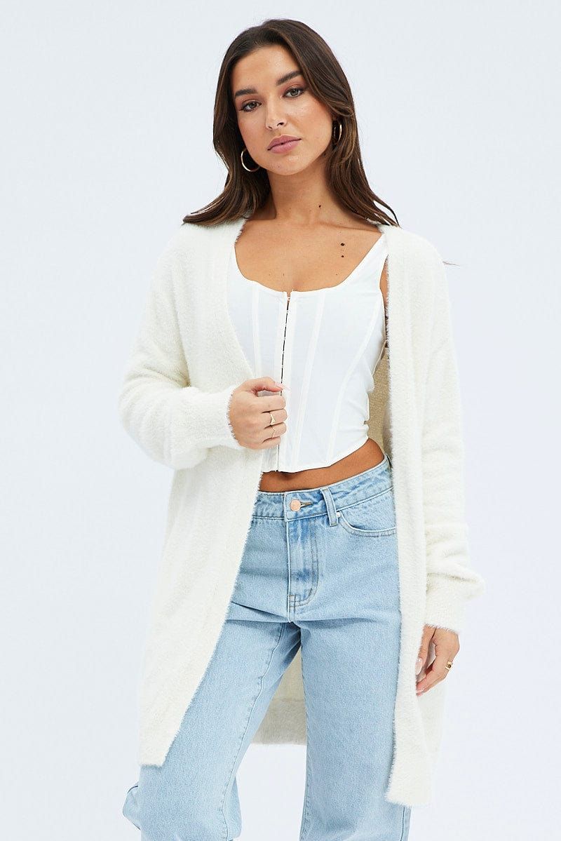 White Fluffy Longline Cardigan sold by Ally Fashion
