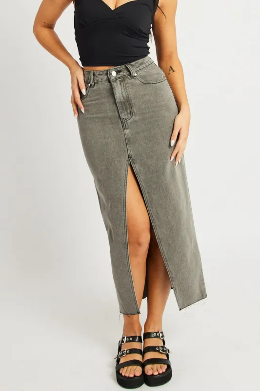 Grey Maxi Skirt High Rise Front Split sold by Ally Fashion