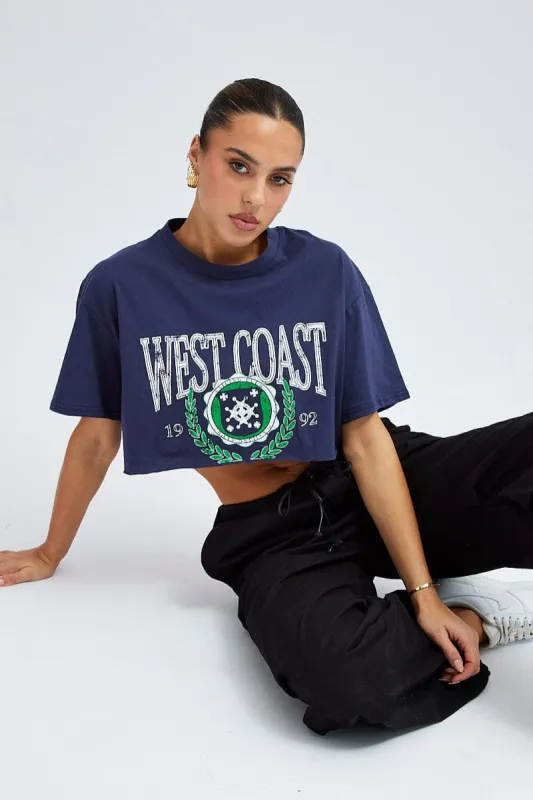 Blue Print Graphic Tee Crop Relaxed Varsity Slogan T-shirt sold by Ally Fashion