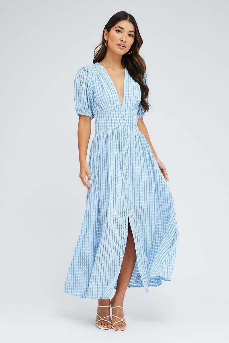Blue Check Midi Dress Puff Sleeve sold by Ally Fashion product image thumbnail 3