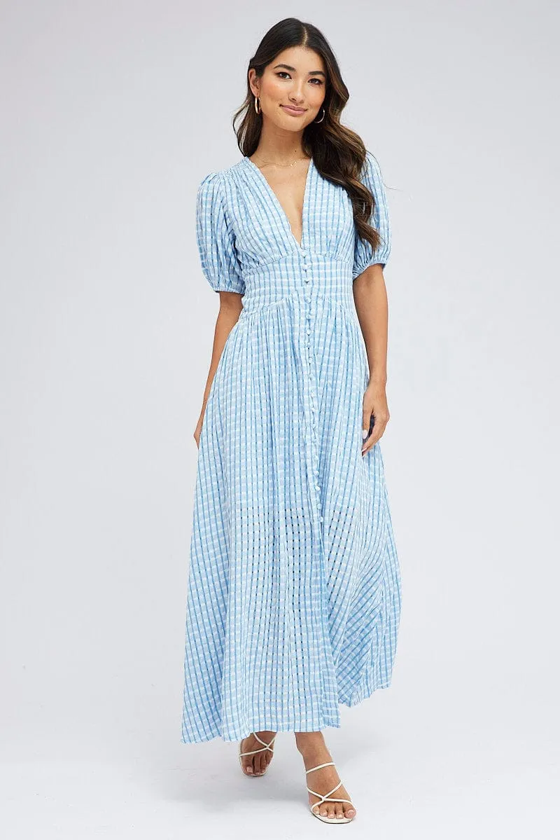 Blue Check Midi Dress Puff Sleeve sold by Ally Fashion