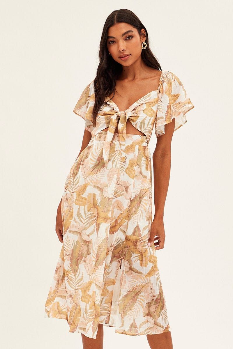 Beige Floral Midi Dress Square Neck Short Sleeve sold by Ally Fashion product image thumbnail 2