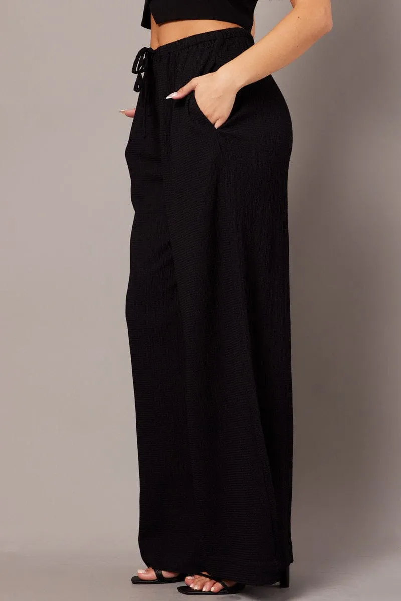 Black Wide Leg Pants High Rise Textured Fabric sold by Ally Fashion product image thumbnail 4