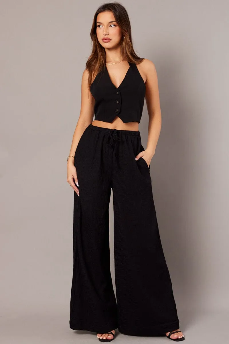 Black Wide Leg Pants High Rise Textured Fabric sold by Ally Fashion product image thumbnail 2