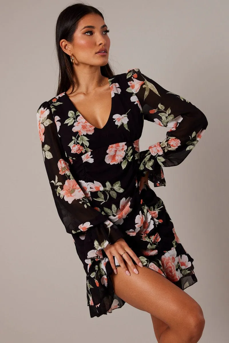 Black Floral Ruffle Dress Long Sleeve Flared Cuff Mini Dress sold by Ally Fashion
