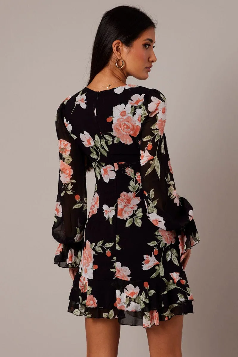 Black Floral Ruffle Dress Long Sleeve Flared Cuff Mini Dress sold by Ally Fashion product image thumbnail 5